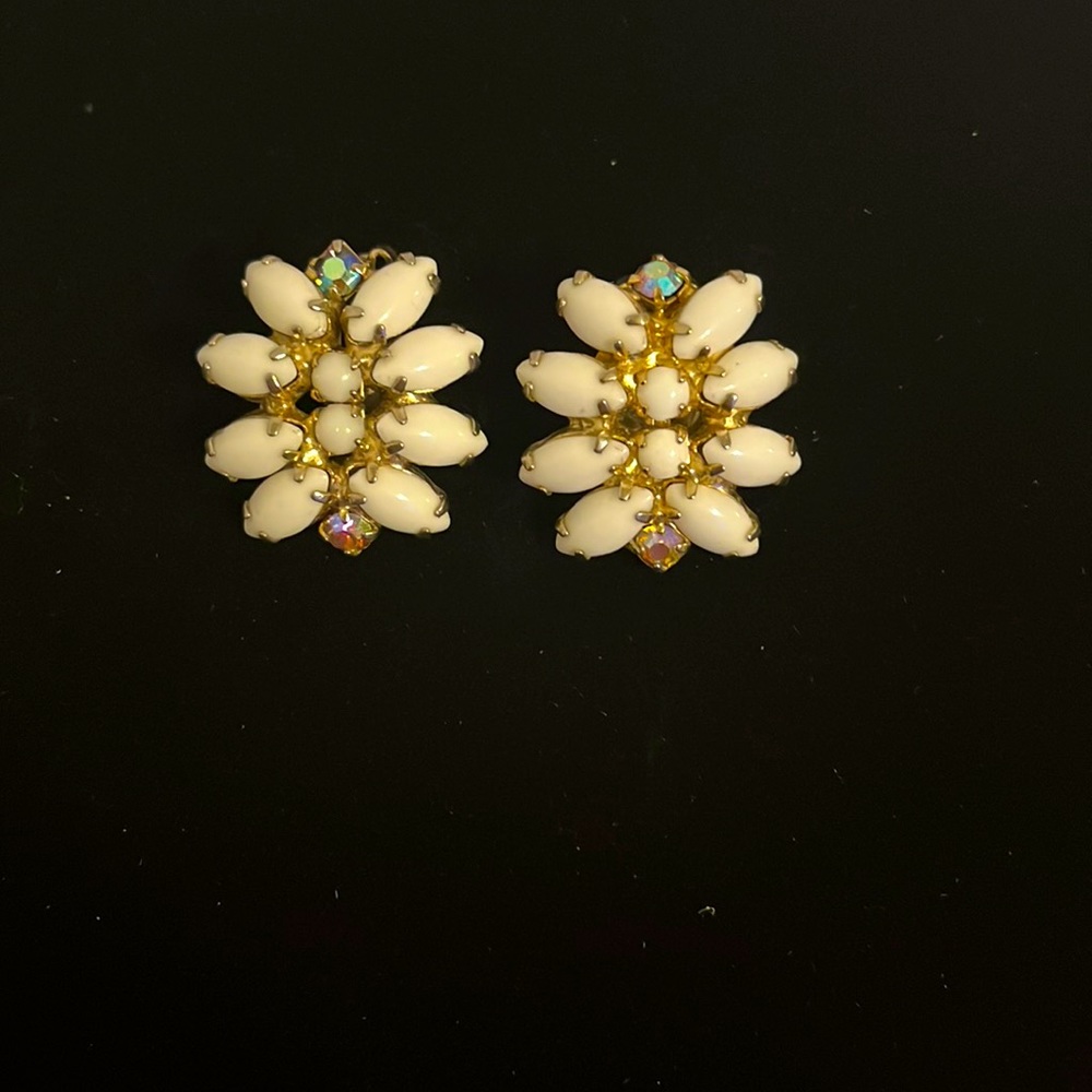 1950 Vintage Milk Glass with Rhinestones Clip on earrings set on Gold base